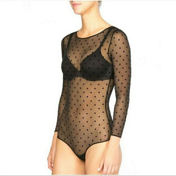 SPANX | Black Sheer Dot Print Long Sleeve Cheeky Bodysuit Women’s Size Small - Picture 2 of 9
